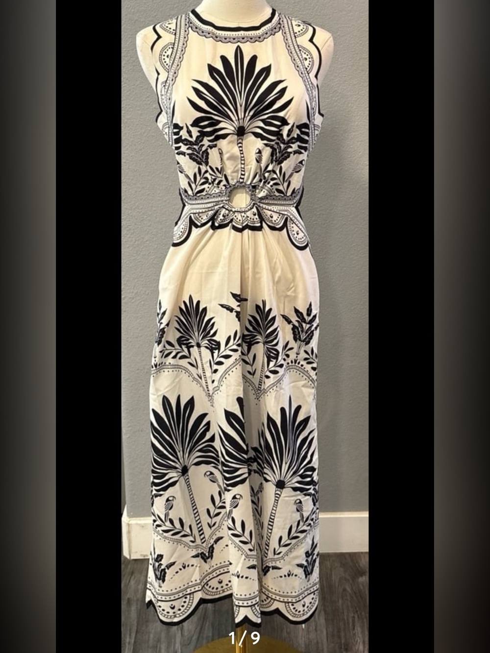 Commense Cream and Black Botanical Cutout Maxi Dress NWT